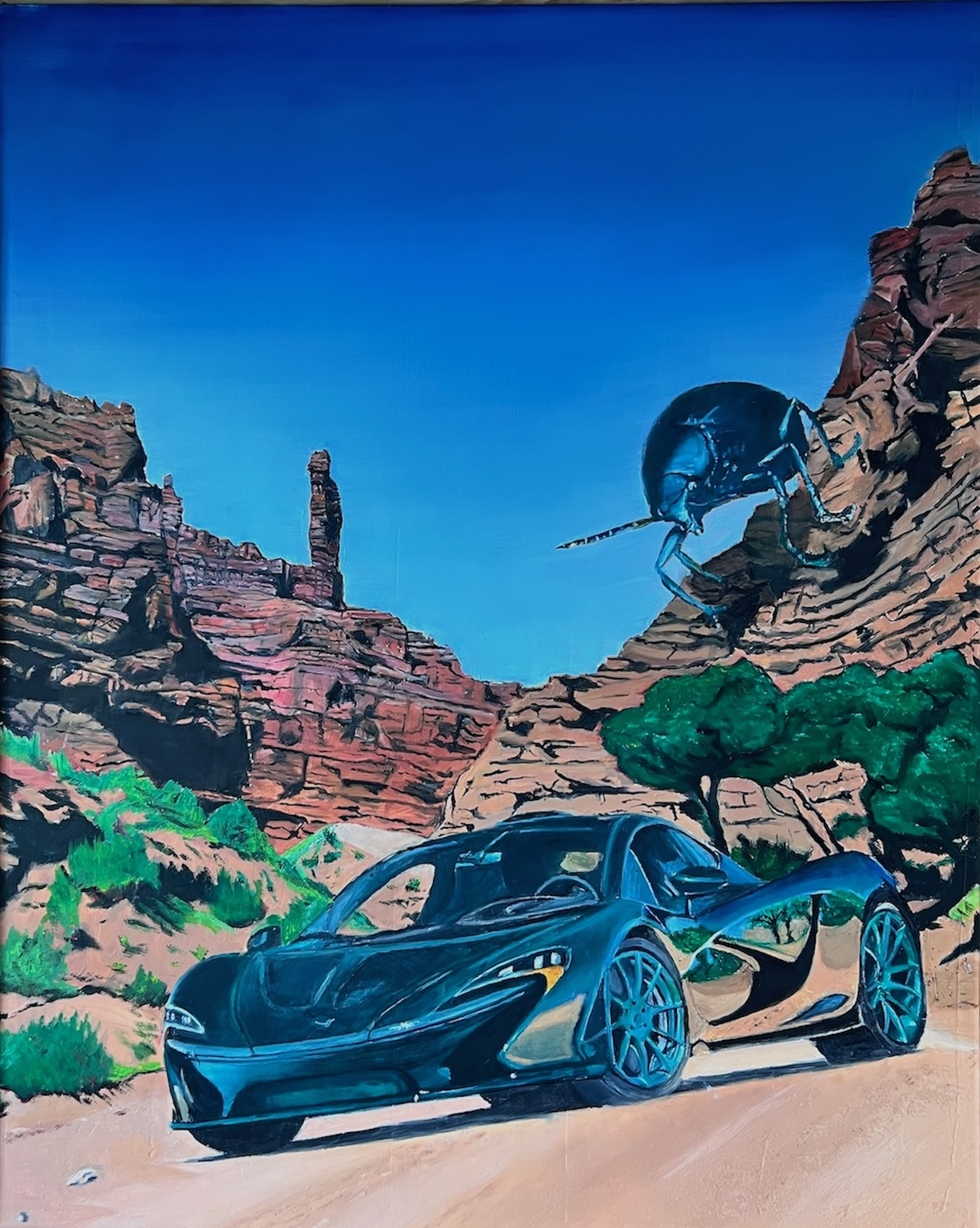 Giant green beetle coming over a rocky desert cliff approaching a McClaren P1