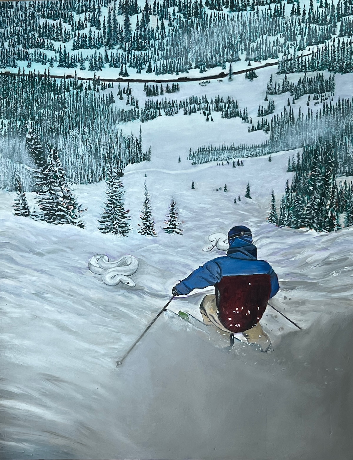 Skier decending a step moguled slope with white "snow snakes" slightering amongst the moguls.