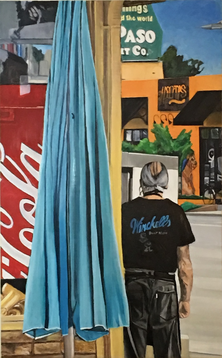 Winchel's donut worker looking at an open door of a truck that could be an ICE vehicle looking to arrest undocumented immigrants with nose of air force jet entering the picture in the sky.