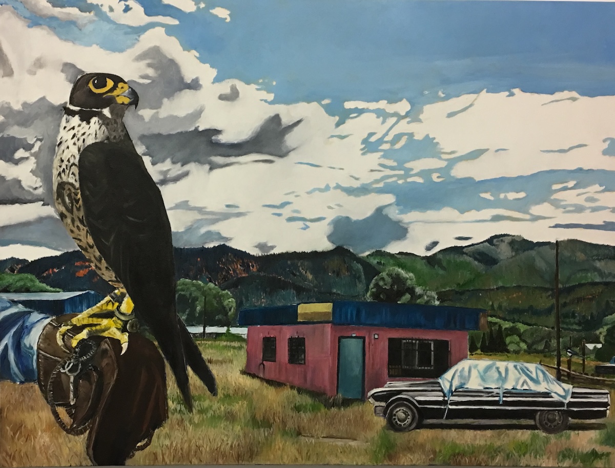 Falcon resting on falconeer's glove with a Ford Falcon in the back round that is overed with a tarp by a pink building with mountains and clouds in the backgroud.