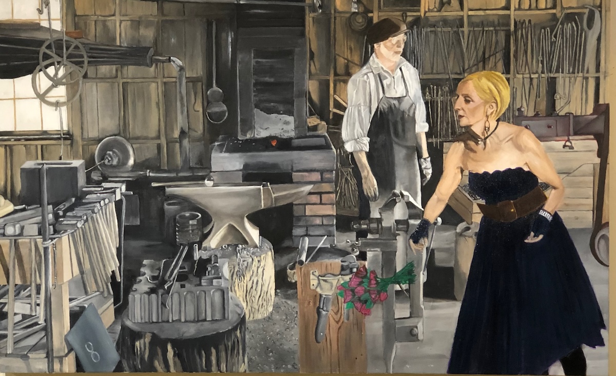 A woman in a fancy ball gown in an old fashioned, cluttered blacksmith shop is throwing roses on the floor with blacksmith in background staring into space.